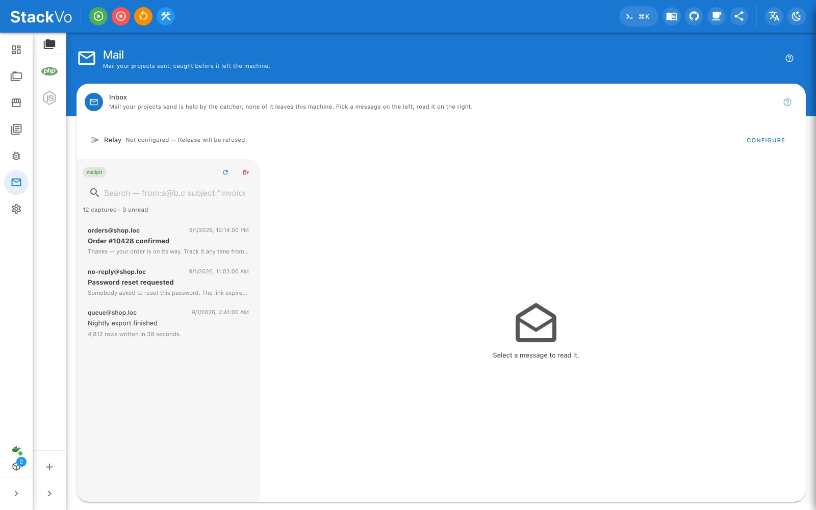 The mail inbox: everything the app sent, read inside the window
